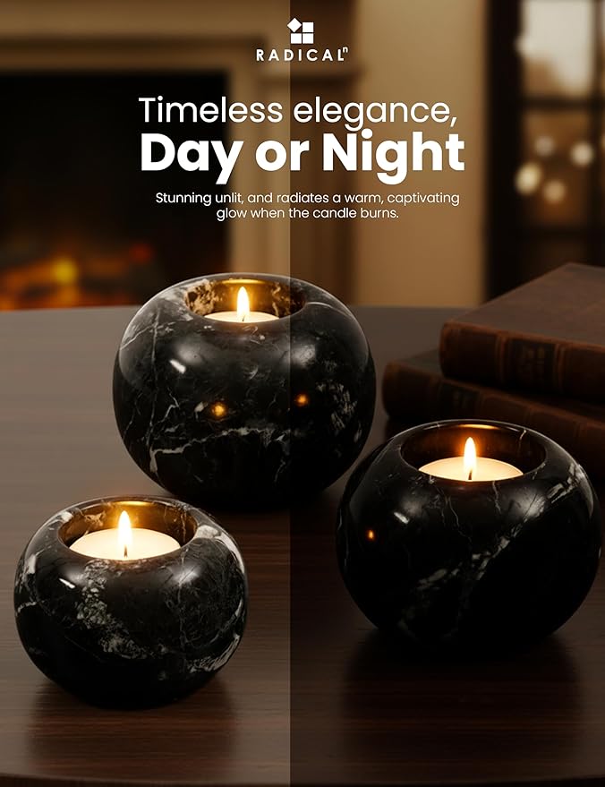 Radicaln Marble Tealight Candle Holder 4" Inches Black Handmade Set of 3 Mini Votive Holders for Romantic Wedding Table Setting, Ideal Bathroom, Bedroom & Kitchen Table Candle Accent