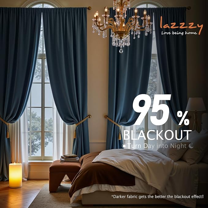 Lazzzy Velvet Blackout Curtains Thermal Insulated Room Window Drapes Super Soft Luxury Curtains for Living Room Bedroom Rod Pocket 2 Panels, Dark Slate, 62" W x 120" L