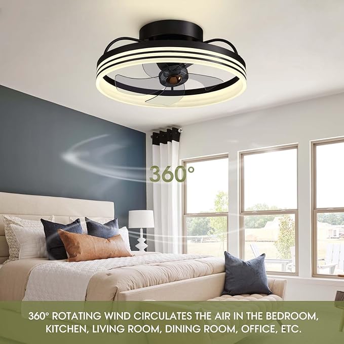 Ceiling Fans with Lights, 360° Rotating Ceiling Fan with Lights and Remote, 6 Wind Speeds Smart Low Profile Ceiling Fan for Bedroom, Kids Room and Living Room 20"
