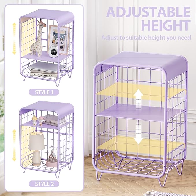 APEXCHASER Cute Kids Nightstand,Metal Side Table,3 Tier End Table with Storage,Vintage Bedside Table,Girls Bedroom Furniture,Coffee Table for Living Room,Bedroom,Dorm,Purple