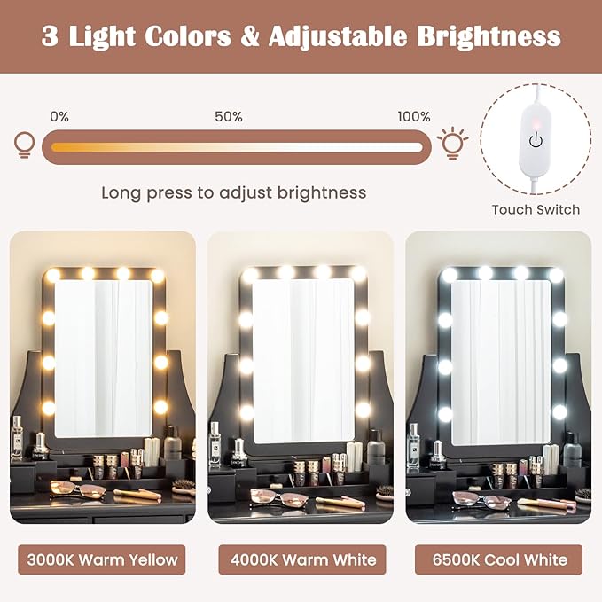 CHARMAID Vanity Desk with Mirror and Lights, Makeup Vanity Table with 5 Storage Drawers, 3 Color Lighting Modes, Adjustable Brightness, Modern Bedroom Dressing Table with Vanity Stool, Black