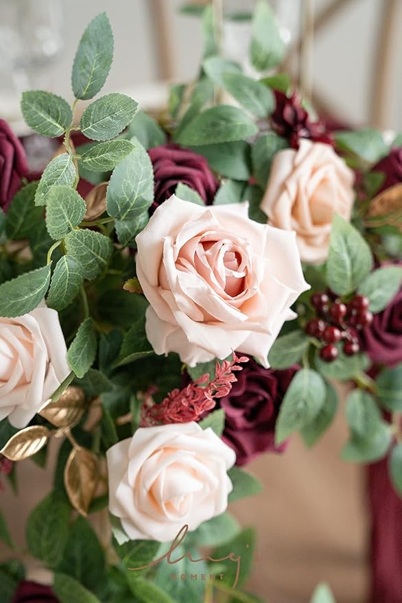 Ling's moment 2PCS Artificial Floral Swags Centerpieces Burgundy Wedding Flower Greenery Arrangements for Sweetheart/Head Table Decor Wedding Car Wall Window Arch Home Garden Decor Blush Marsala