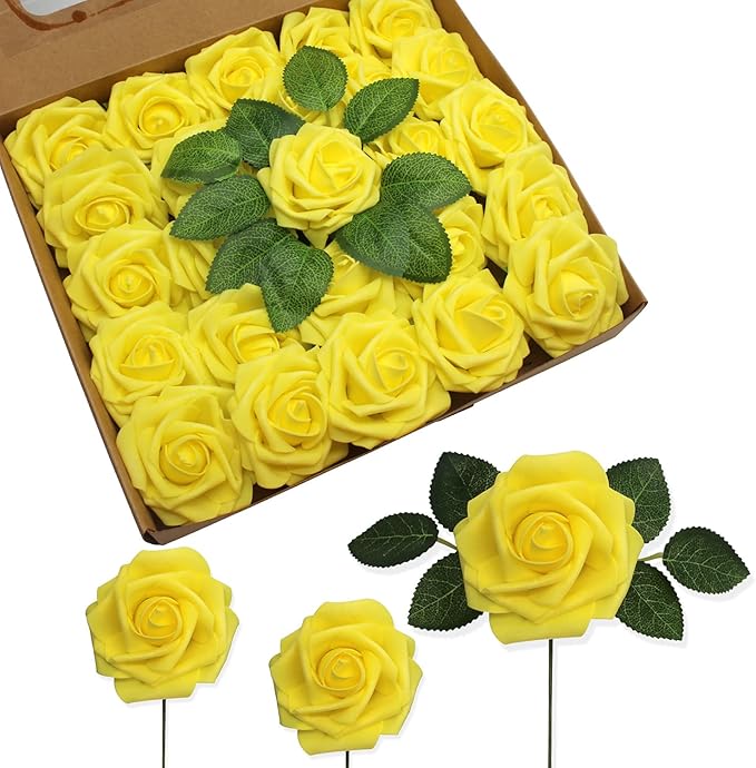 JOYLEX Artificial Flowers Realistic Roses, 50pcs Real Looking Fake Roses with Stem for DIY Wedding Bouquets Centerpieces Bridal Shower Party Home Romantic Decorations (Yellow)