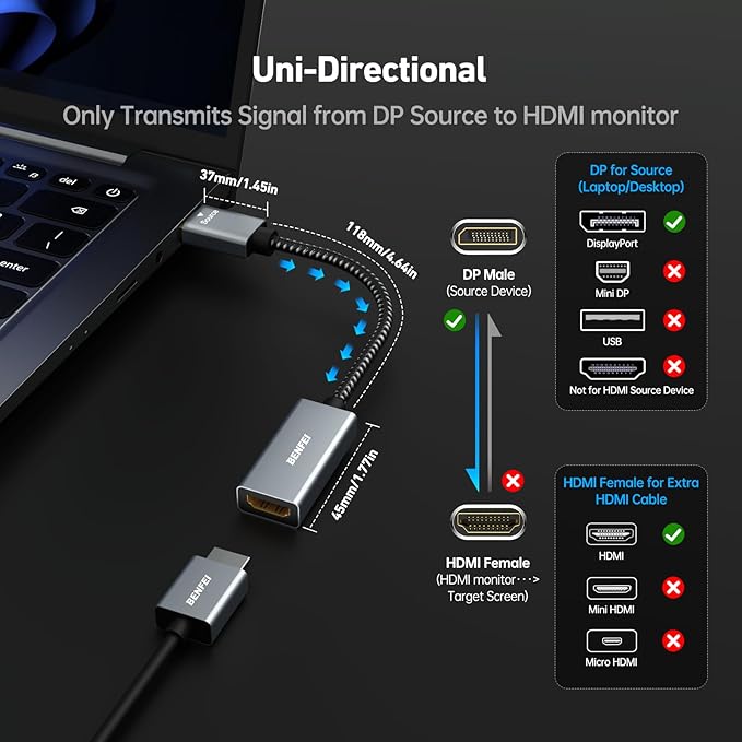 BENFEI 4K DisplayPort to HDMI Adapter Cable, (2K 60Hz, 1080p 120Hz) Uni-Directional Display Port to HDMI Monitor Converter Compatible for HP, Dell, GPU, AMD, NVIDIA, More. Male to Female
