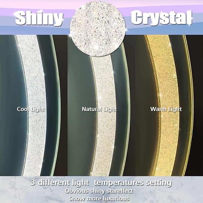 Crystal Oval Vanity Mirror with Lights 16 x 24 Inch Crystal Oval Lighted Mirror for Bathroom Wall Horizontal/Vertical Mount Makeup Table Diamond LED Ovals Mirrors Lights Smart 3 Color Antifog
