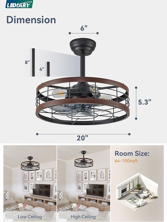 LEDIARY 20 inch Fandelier Caged Ceiling Fan with Light, Bladeless Ceiling Fan with Remote, Farmhouse Fan Lights Ceiling Fixtures for Kitchen, Bedroom, Outdoor(6 Speed, Timing) - Walnut