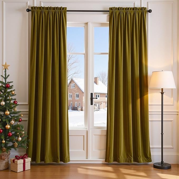 Lazzzy Velvet Blackout Curtains Thermal Insulated Room Window Drapes Super Soft Luxury Curtains for Living Room Bedroom Rod Pocket 2 Panels, Golden Olive, 52" W x 84" L
