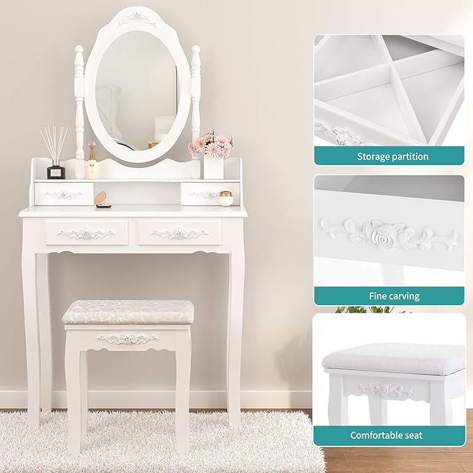 Vanity Table Set ,Makeup Table with Oval Mirror & Stool, Bedroom Wood Dressing Table with 4 Drawers White