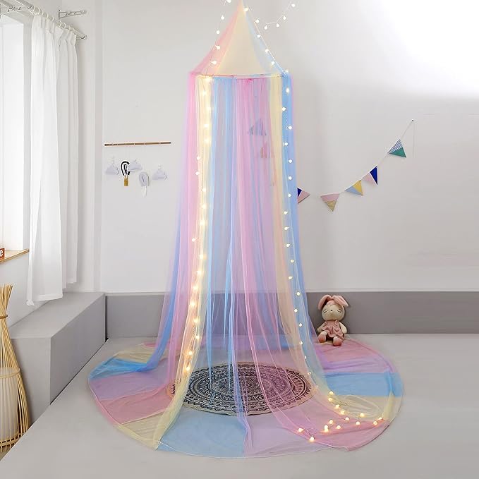 Rainbow Bed Canopy with Lights - Girls Room Bed Netting for Twin, Single, Full, Queen Size Beds - Reading Corners Room Décor