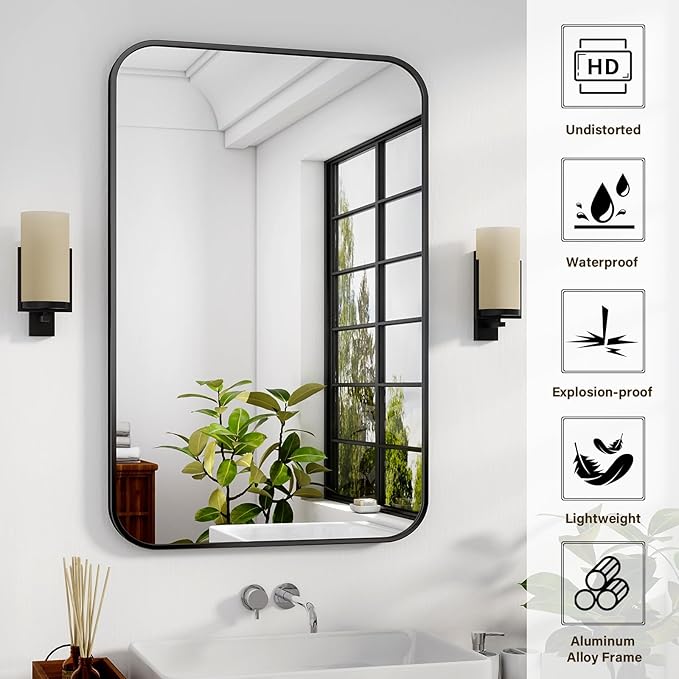 HARRITPURE Rectangular Bathroom Mirror 38''x26'' Black Bathroom Wall Mirror Aluminum Frame Wall-Mounted Mirrors for Entryway Bedroom Living Room
