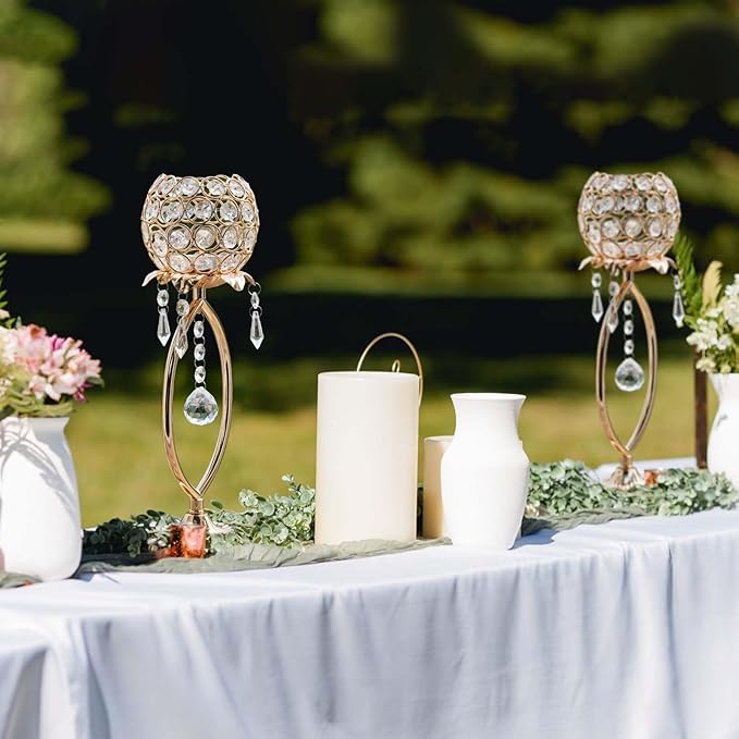 2 Pcs Gold Elegant Metal Crystal Tea Light Candle Holders with Bling Crystal Pendants, Hollow Design - Wedding Table Centerpieces for Anniversary Birthday Party, Home Decor