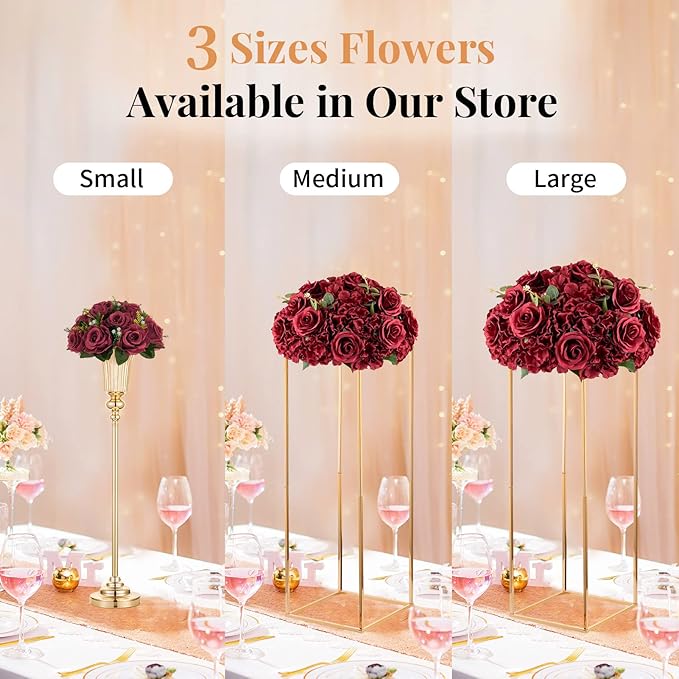 Nuptio Flower Balls for Wedding Centrepieces - 2 Pcs 15.7 inch Diameter Large Burgundy Artificial Flowers Roses Ball Fake Flower Arrangement Bouquet Faux Rose for Wedding Party Centrepiece Decorations