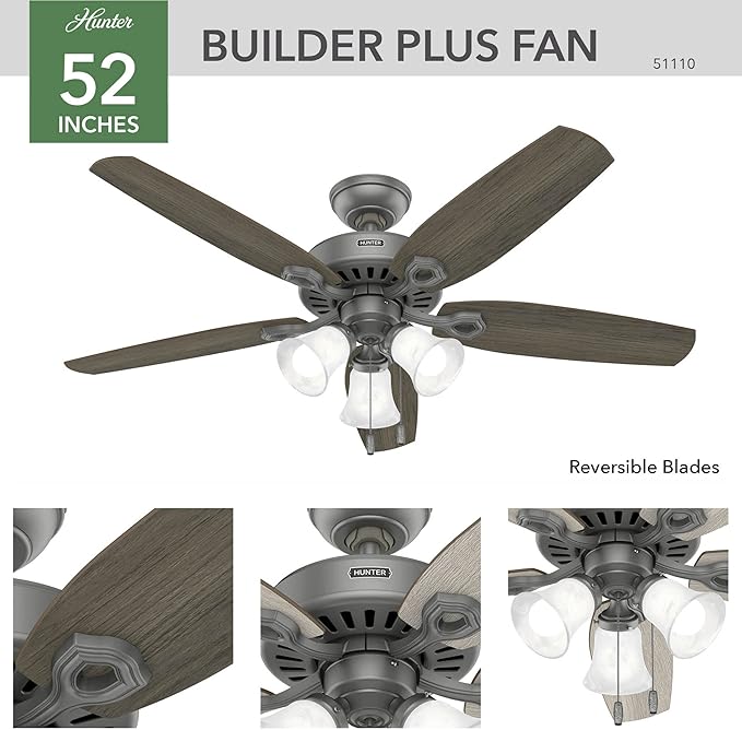 Hunter 52 inch Indoor Ceiling Fan with LED Lights - Ceiling Fan with Pull Chain, For Bedroom or Living Room, Standard Mount, No Remote, 5 Blades, Includes Bulbs - Builder Plus 51110, Matte Silver