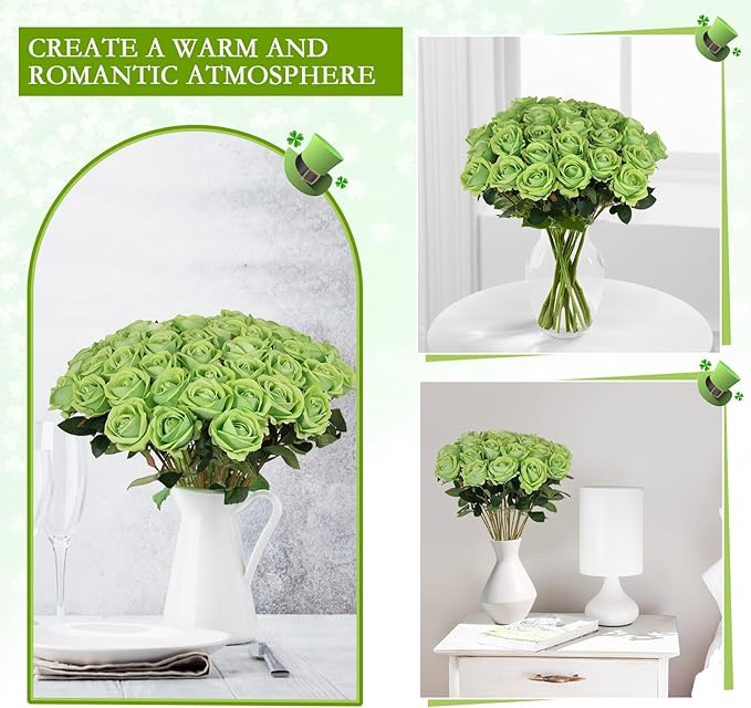 Hananona Artificial Roses in Bulk, Fake Silk Roses Realistic Green Roses for Wedding Centerpieces Flower Arrangement St Patricks Day Home Decor (50, Light Green)