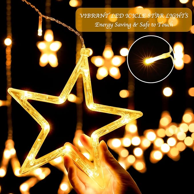 Star Curtain Lights for Bedroom - Plug-in 9ft 138 LED Fairy Twinkle Lights with 12 Star Drops, Connectable Window Lights with Remote 8 Lighting Modes for Indoor Xmas Ramadan Decoration, Warm White