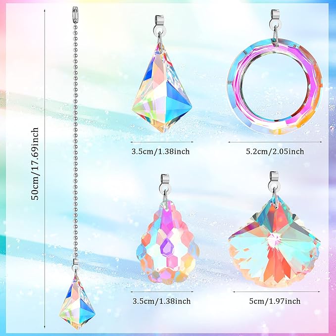 4 Pieces Crystal Ceiling Fan Pull Chain Decorative Rainbow Pull Chain Extension 20 Inch Ceiling Ornament with Ball Connector(Water Drop, Shell, Diamond, Ring)