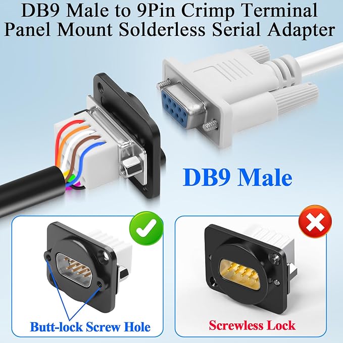 QIANRENON DB9 Panel Mount Solderless Connector Compact DB9 Male to 9Pin Crimp Terminal Bulkhead Mount Serial Adapter D-SUB 9Pin Wiring Plug, Locking Screw Hole, for RS232/RS485/RS422 Communication