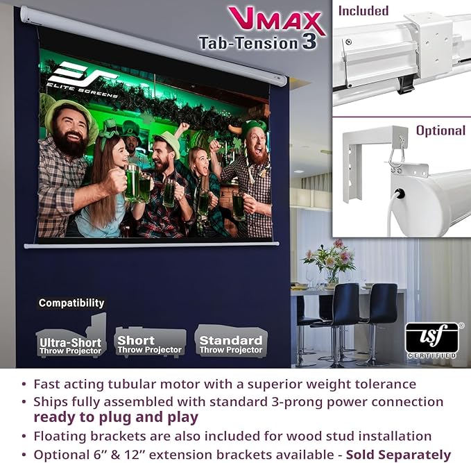 Elite Screens VMAX Tab-Tension 3 Series, 125-INCH Electric Motorized Projector Screen CineWhite ISF Material Movie Home Theater, VMAXT125XWH3