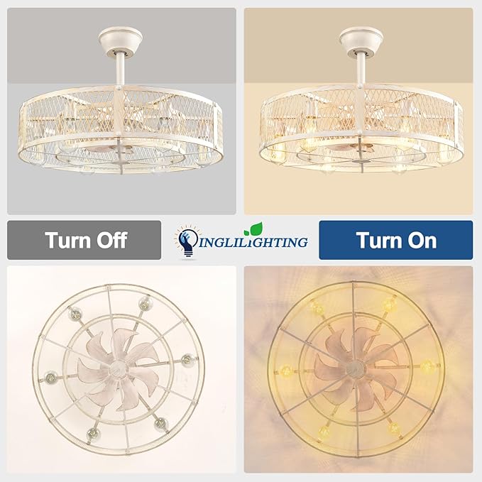 DLLT Caged Ceiling Fan with Lights: 26" Bladeless Fandelier with Light and Remote - Cement Industrial Chandelier Fan Light for Bedroom Living Dining Room Kitchen