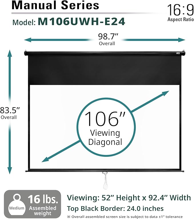 Elite Screens Manual Series, 106-inch / 24" Drop Pull Down Manual Projector Screen Movie Home Theater 8K / 4K Ultra HD 3D Ready, M106UWH-E24