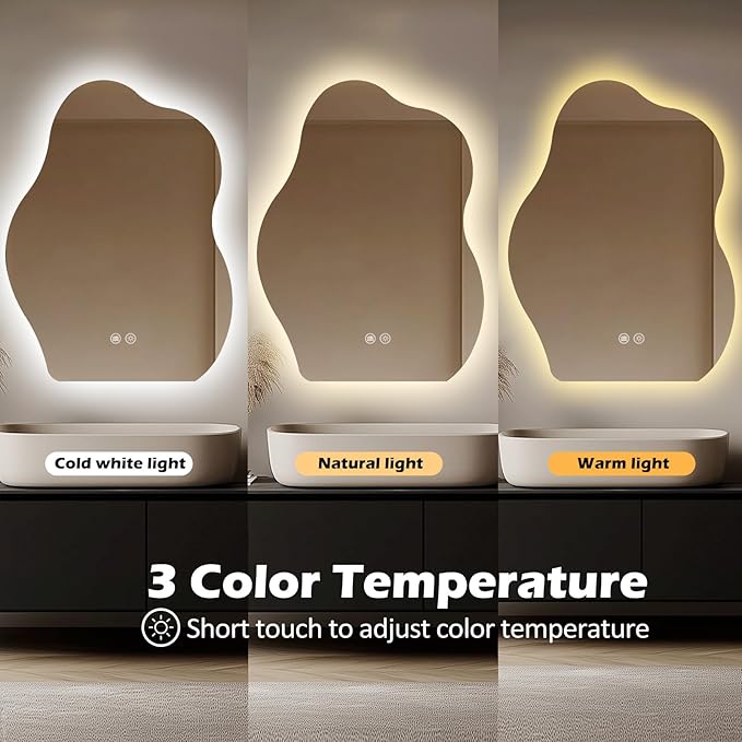 LED Bathroom Mirror with Lights 24x32, Stepless Dimmable Irregular LED Mirror with 3 Colors, Anti-Fog, Memory, Al-Alloy Lampshade, Frameless Makeup Mirror for Bathroom (Vertical Only)