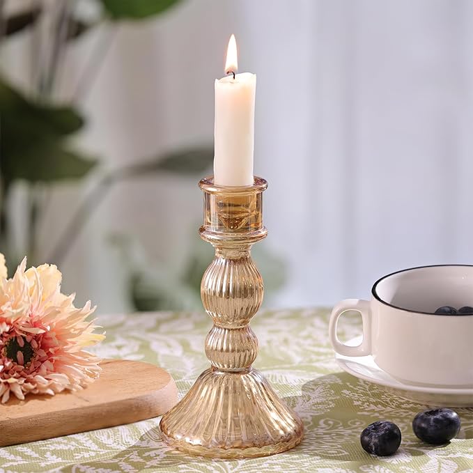 DARJEN 2 Pcs Gold Candlestick Holders - Vertical Stripe Glass Candle Holders for Taper and Votive Candles, Taper Candle Holder for Party, Wedding, Home Table Centerpieces & Gifts