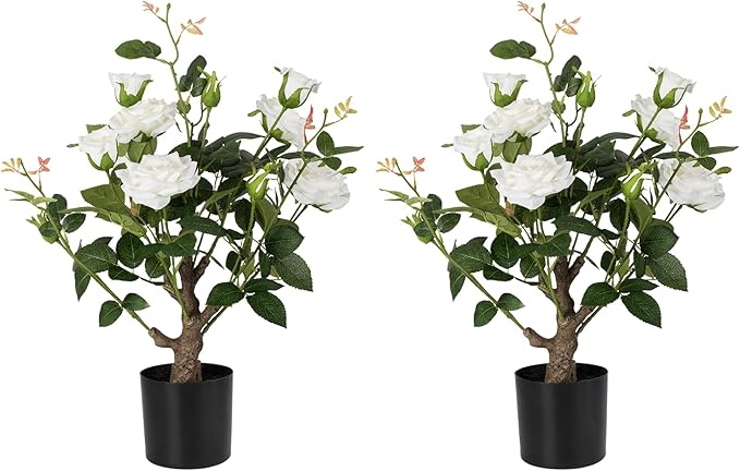 Artificial Rose Flower Trees 2 Pack- 24’’ Lifelike Plant in Pot with White Flowers Decorative Rose Trees for Home, Office, Wedding, and Event Decor, White