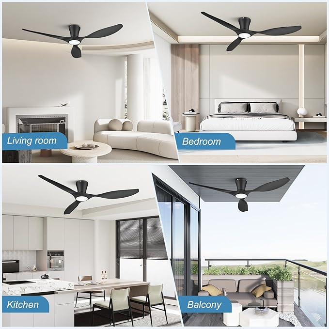 ocioc 52 inch Ceiling Fans with Lights and Remote, Dimmable Ceiling Fans with Reversible Quiet DC Motor, Flush Mount, 3CCT, Black Ceiling Fan for Bedroom Living Room Indoor/Outdoor