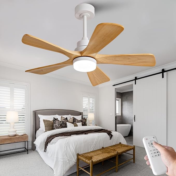 BOJUE 42 Inch Outdoor Ceiling Fans with Lights and Remote Control, Dimmable 5 Blade Wood Outdoor Ceiling Fans for Patios, White Natural Wood Bedroom Ceiling Fan with Lights, Noiseless DC Motor
