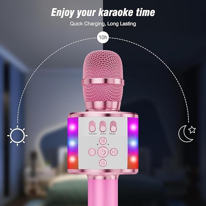 BONAOK Karaoke Microphone for Kids & Adults - Bluetooth Microphones Singing Mic with Disco Lights, Echo Effect, Built-in Speaker Portable Karaoke Player for Party Travel Gifts Q78(Light Pink)