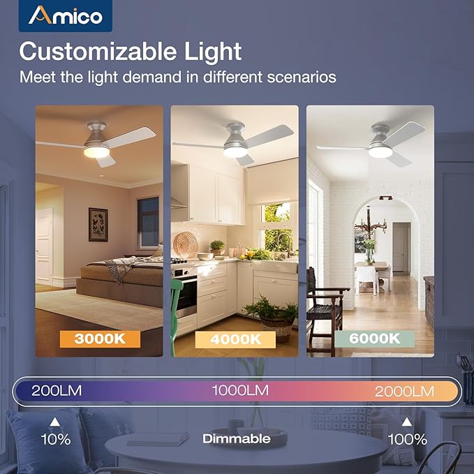 Amico Ceiling Fans with Lights, 42 inch Low Profile Ceiling Fan with Light and Remote Control, Flush Mount, Reversible, 3CCT, Dimmable, Noiseless, Silver Ceiling Fan for Bedroom, Indoor/Outdoor Use