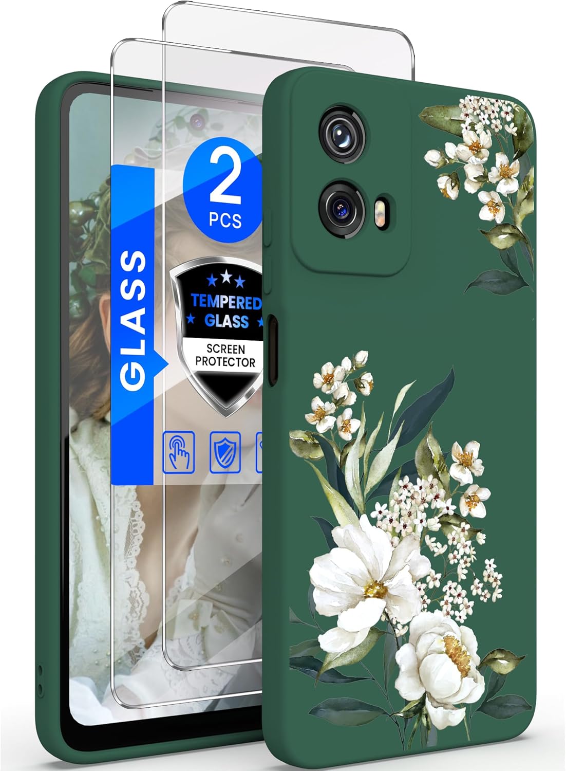 Motorola Moto G 5G 2024 Case, Girls Women Floral Liquid Silicone, Shockproof Soft Protection with 2X Screen Protectors