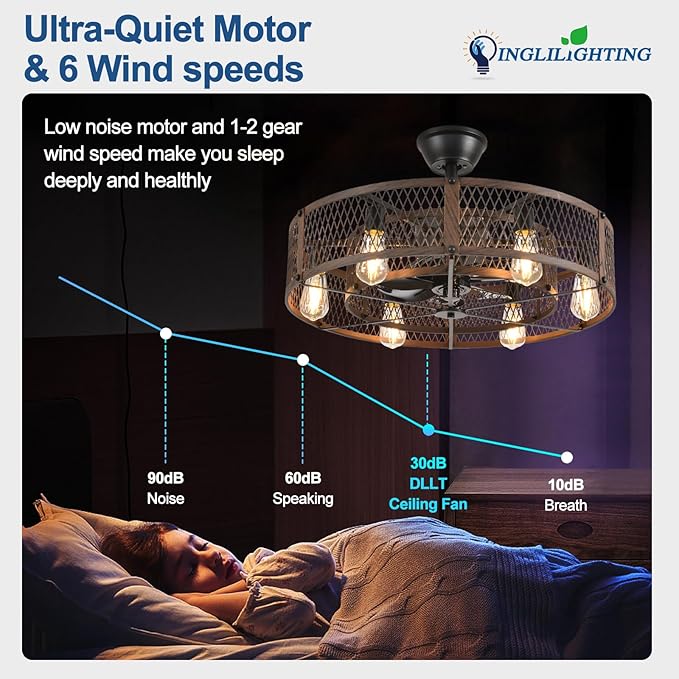 DLLT Caged Ceiling Fan with Lights: 26" Bladeless Fandelier with Light and Remote - Walnut Industrial Chandelier Fan Light for Bedroom Living Dining Room Kitchen