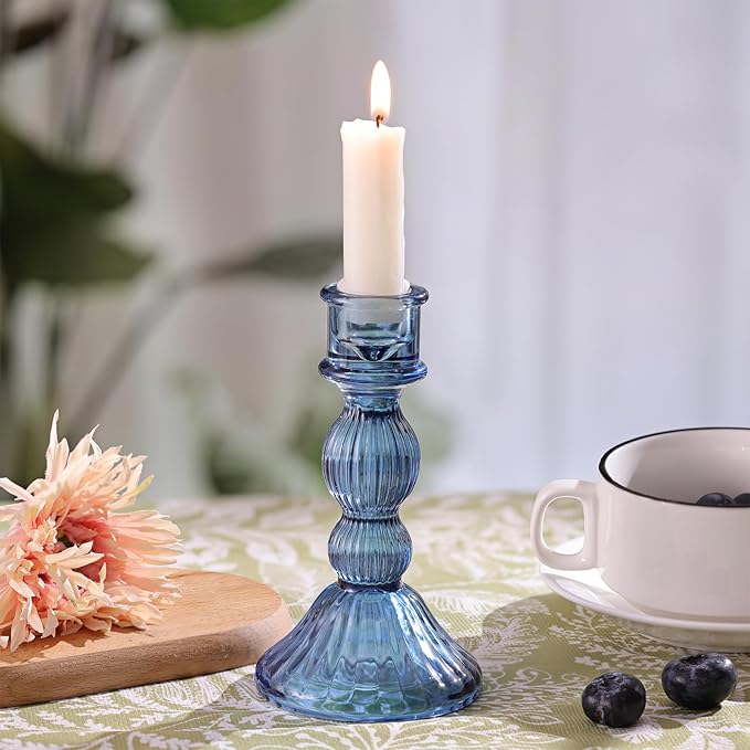DARJEN 2 Pcs Blue Candlestick Holders - Vertical Stripe Glass Candle Holders for Taper and Votive Candles, Taper Candle Holder for Home, Wedding, Party, Dinner Table Decor
