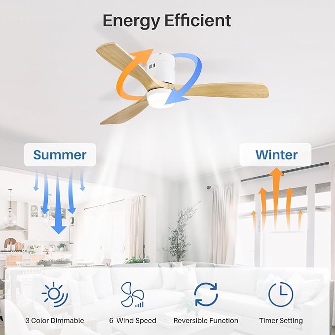 Sofucor 52 Inch Ceiling Fans with Lights, Solid Wood Ceiling Fan with Light Remote Control, Flush Mount Indoor/Outdoor Ceiling Fans, Reversible DC Motor, 3 Blade Ceiling Fan Light for Bedroom Patio