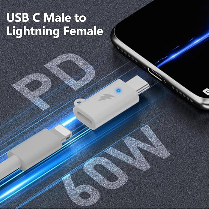Lightning to USB-C Adapter (2-Pack), USB C Male to Lightning Female, PD60W Charging & Data Transfer - White
