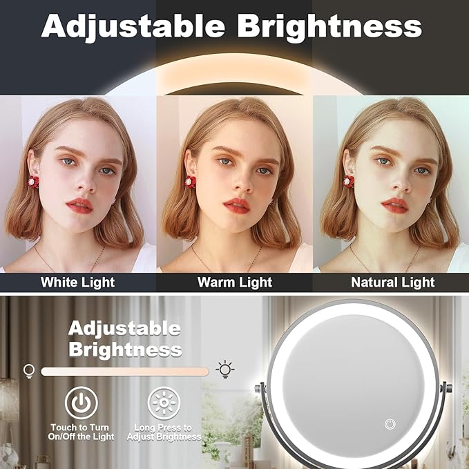 Large Lighted Makeup Mirror, Height Adjustable 8" Rechargeable Foldable Mirrors, 1X/10X Double Sided 3 Color Dimmable Magnifying Mirror, 360° Swivel Touch Screen Tabletop Standing Mirror, Chrome