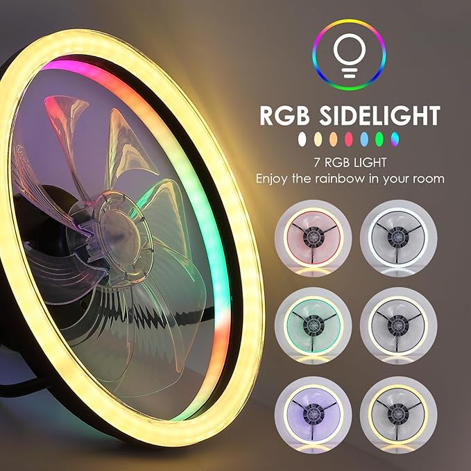 Ceiling Fans with Lights - Modern Flush Mount Ceiling Fan,16" RGB Dimmable LED Enclosed Ceiling Fans,Low Profile Bladeless LED-RGB Ambient Light for Bedroom Kids Room Party（Black）
