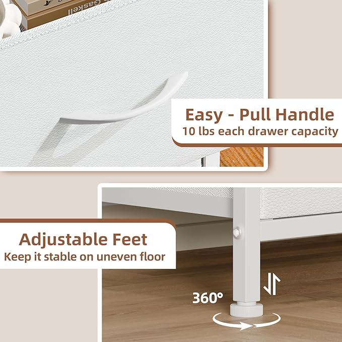 Somdot Nightstand Set of 2, Small Dresser for Bedroom with 2 Drawers, Bedside Table Night Stand End Table with Fabric Bins for Bedroom Kids Closet Dorm Guest Room, White Leather