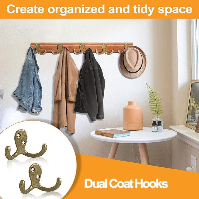 20 Pack Coat Hooks Wall Hooks for Hanging, Heavy Duty Double Prong Metal Hook Wall Mounted for Living Room, Bathroom, Kitchen, Bedroom for Coat, Bag, Scarf, Towel, Hat, Key, Cup (Bronze)