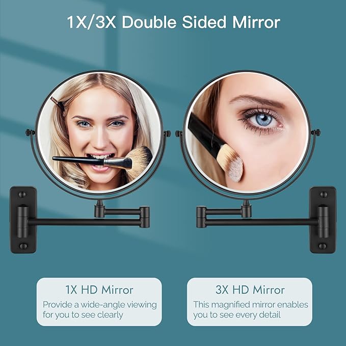 gotonovo Wall Mounted Magnifying Mirror Pivoting Arm Double Sided Swivel Makeup Vanity Black Telescoping Handheld Mirror 8 Inch Magnification Square Base