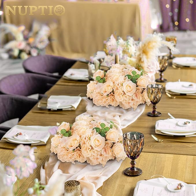 NUPTIO Flower Ball Arrangement Bouquet - 10 Pcs 15.7 inch Diameter Champagne Fake Flowers Roses Balls for Centerpieces Tables - Artificial Rose Arrangements for Wedding Centerpiece Table Decorations