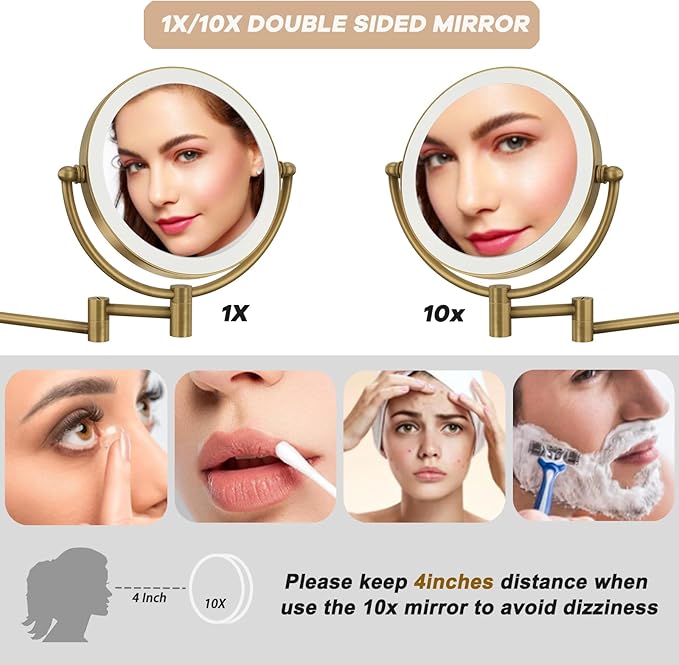 Antique Brass Rechargeable Wall Mounted Makeup Mirror Magnifying, 1X/10X Magnifying Mirror for Bathroom, 8 Inch 2 Sided 360 Swivel Extendable Arm Vanity Shaving Mirror for Bathroom