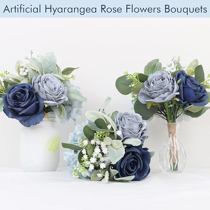 Wedding Artificial Bridesmaid Bouquet - 7 Inch Pre-Made Silk Bridesmaids Flowers Bouquet Small Bridal Bouquet for Bridesmaid for Rustic Vintage Wedding Ceremony Anniversary -Navy Blue