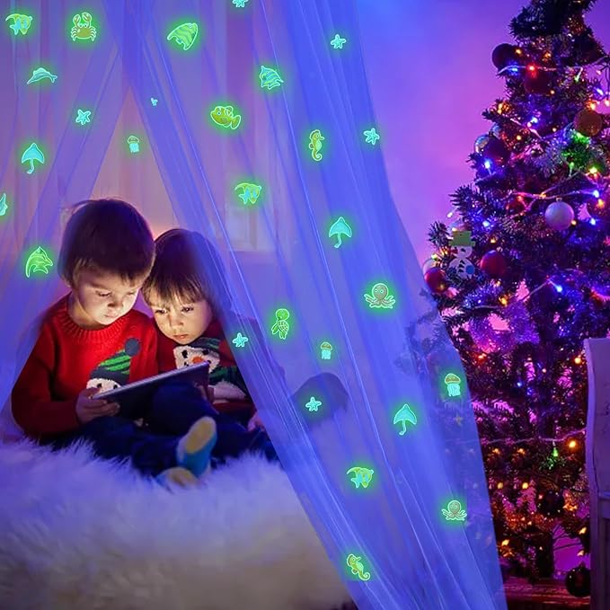 South to East Bed Canopy for Children with Glowing Marine Life, Blue Bed Curtains for Kids & Toddler Beds, Twin, Full & Queen, Mosquito Net Canopy for Boys Bedroom