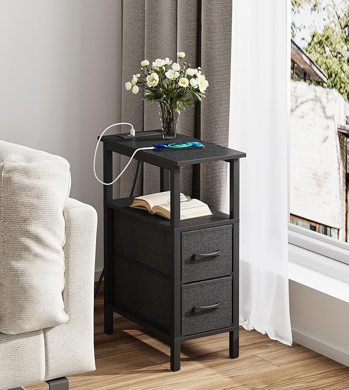 Narrow Side Table for Small Spaces, Skinny End Table with Charging Station, Sofa Beside Table with 2 Fabric Drawers and 1 Open Compartment, Slim Nightstand with USB Ports Outlet, Black UTBT004B
