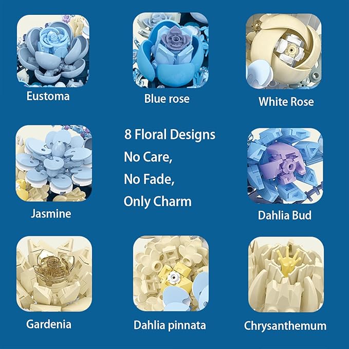 Blue Moon Flower Building Blocks for Adults - Creative Crescent Moon Rose Model Kit, Home Office Desk Decor, Artificial Plant, Unique Birthday Gift Idea (Frame Not Included)