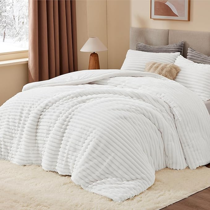 BEDELITE Fleece Queen Comforter Set -Super Soft & Warm Fluffy Bright White Bedding, Luxury Fuzzy Heavy Bed Set for Winter with 2 Pillow Cases