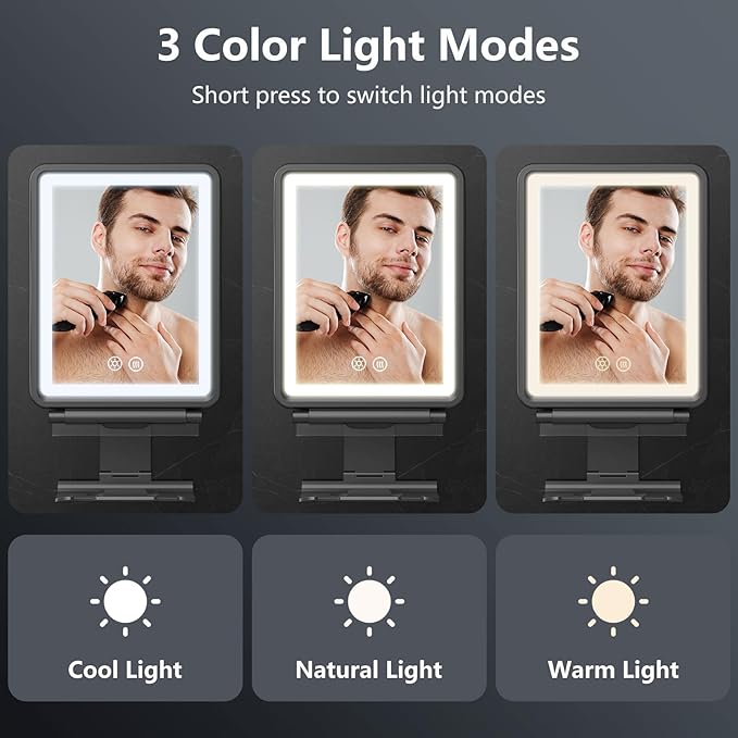 Heated Shower Mirror Fogless for Shaving, 3 Colors Stepless Dimmable Lights Fogless Mirror for Shower, Rechargeable Anti Fog Shaving Mirror for Shower with Razor Holder for Men, Light Memory Function