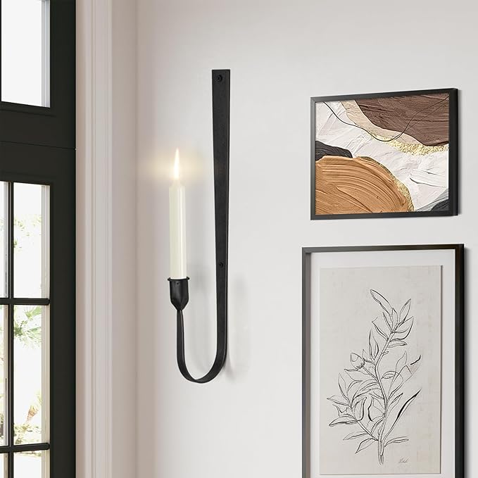 Black Wall Candle Holder Set of 2, Metal Wall Mount Candle Sconces Holder, Modern Wall Decoration for Living Room, Dining Room, Fireplace, and Weddings